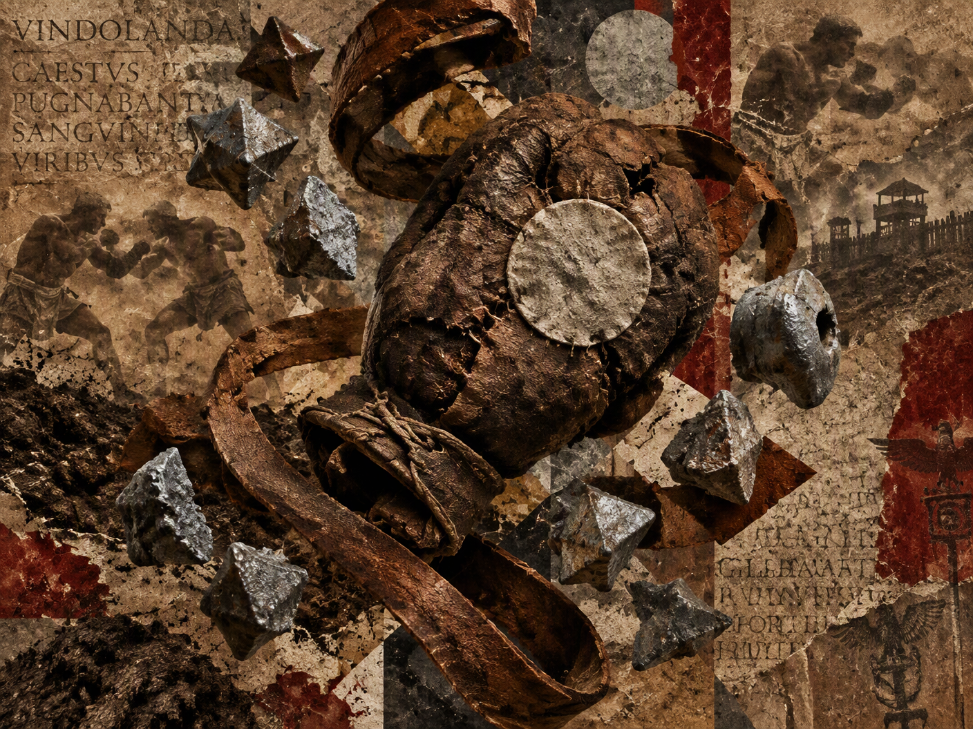 Abstract collage featuring a cracked, patched Roman boxing glove intertwined with metal studs and ox-hide bands, set against a layered background of faded Roman texts and shadowy fighters, in earth tones and metallic grays.
