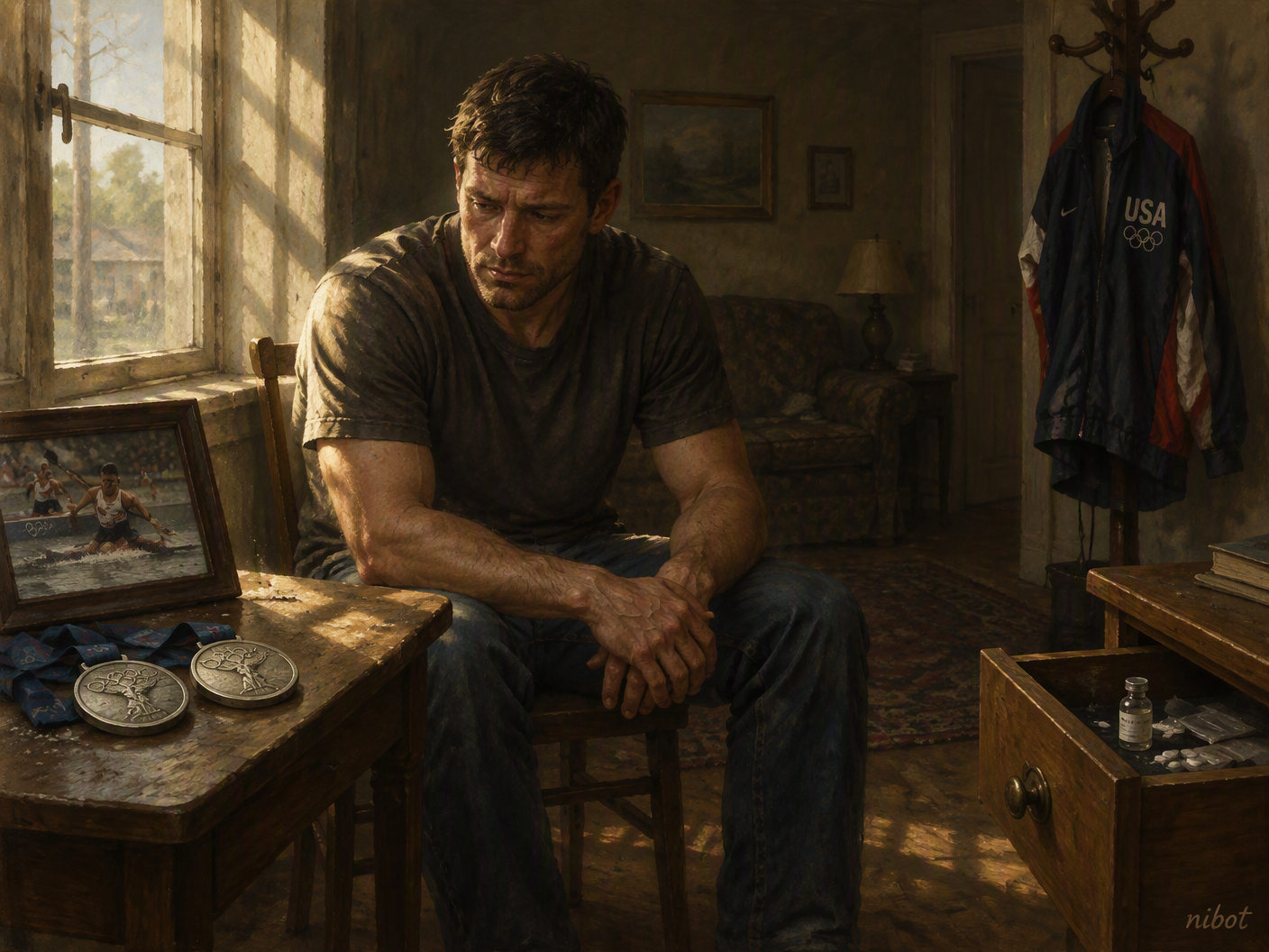 Nathan Baggaley seated pensively in a modest living room, Olympic medals and a canoe photo on a nearby table, subtle hints of drugs in a drawer, conveying the contrast between his sporting achievements and drug-related legal troubles.