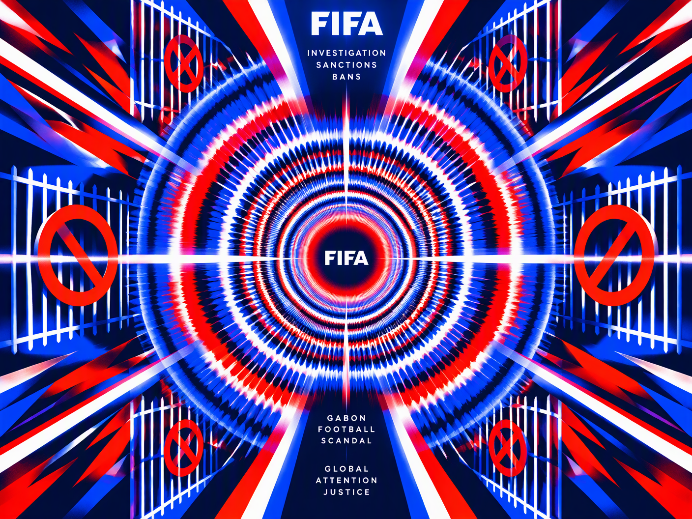 Abstract chromatic op art featuring a glowing geometric vortex with converging lines and barred gate shapes in electric blues and fiery reds, symbolizing FIFA bans and intense scrutiny in Gabonese football.