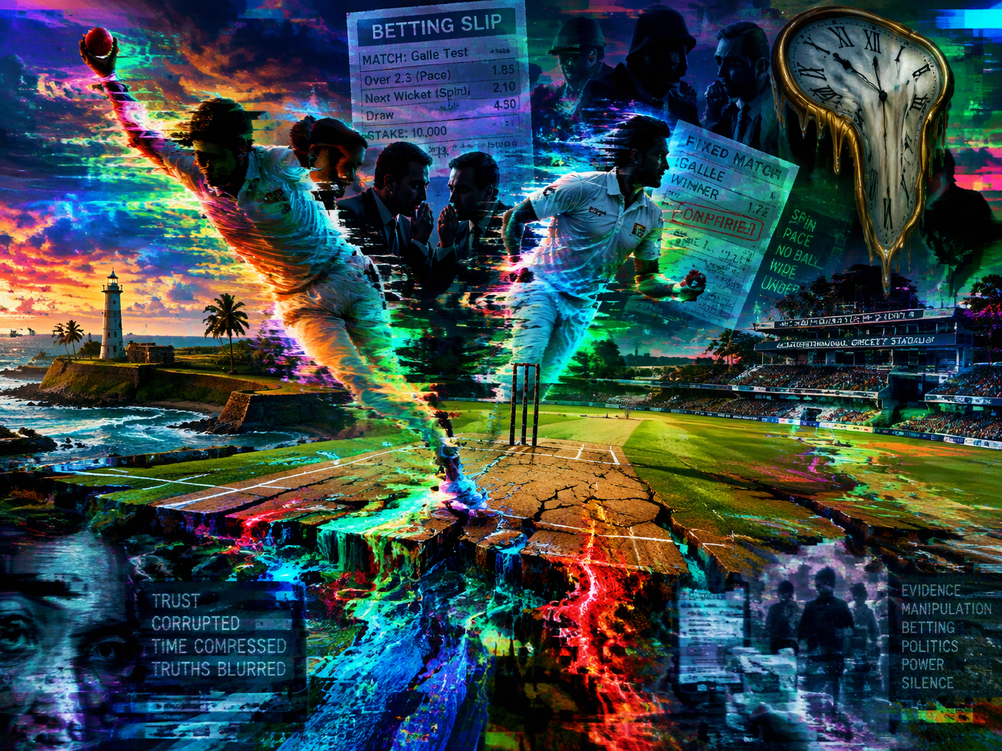 Surreal digital artwork of Galle cricket pitch melting and distorting with neon colors and glitch effects, symbolizing corruption and betting manipulation involving cricket players and pitch preparation.