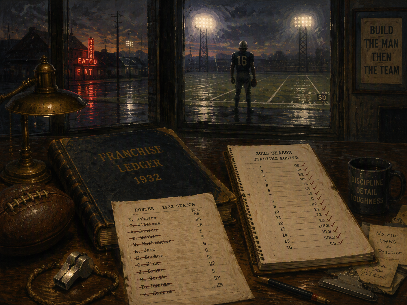 A textured gouache and charcoal illustration shows a faceless quarterback silhouette separated by a chalk line from a row of benches, with an old football, whistle, closed roster ledger, and modern sheet marked with sixteen abstract starting positions.