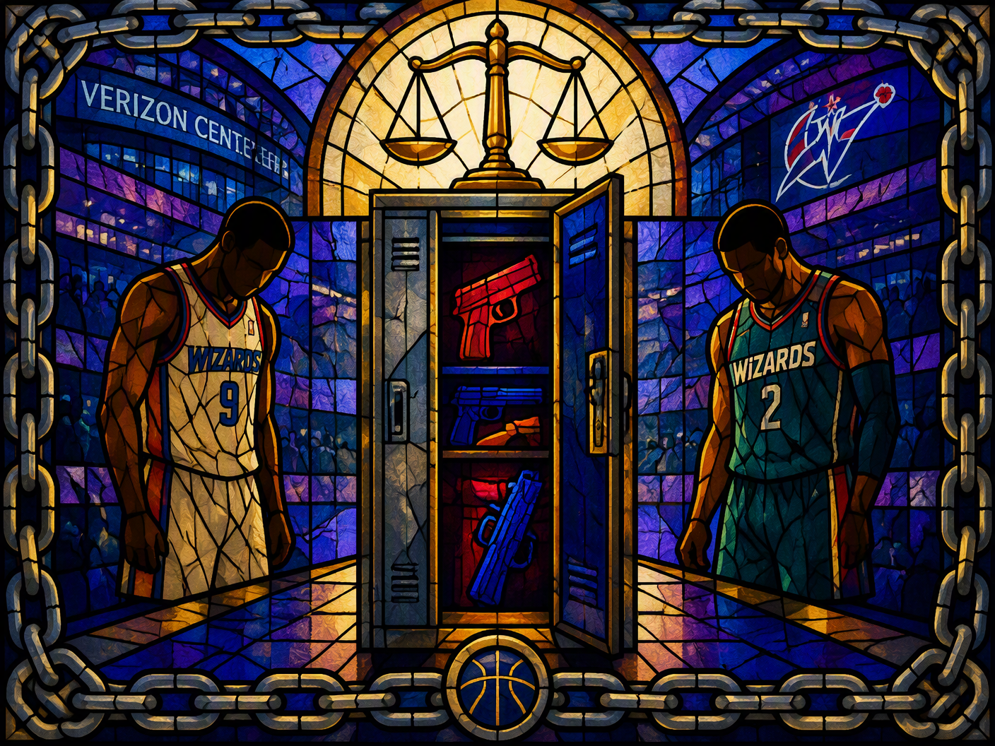 A stained-glass style image showing a basketball locker partially open with symbolic red and blue firearms inside, two anonymous basketball players on either side, and a golden scale of justice above, all set within an angular stained-glass architectural background symbolizing the Verizon Center.