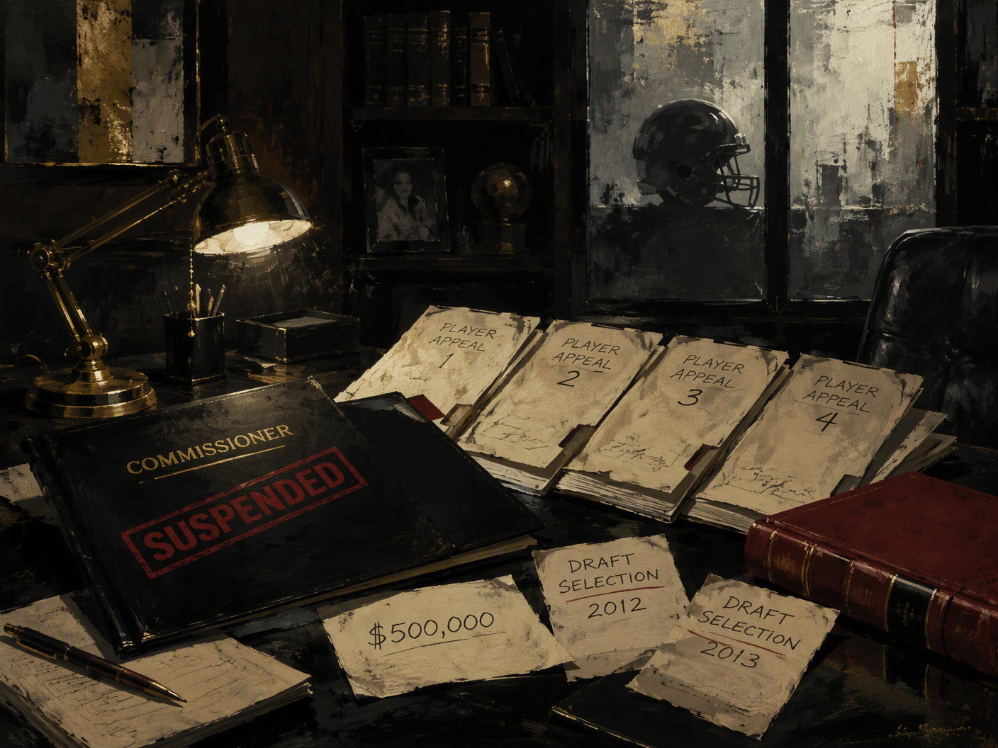 A gouache painting of a dim office desk with suspension files, appeal papers, a football helmet in shadow, and a brass lamp illuminating handwritten penalty notes.