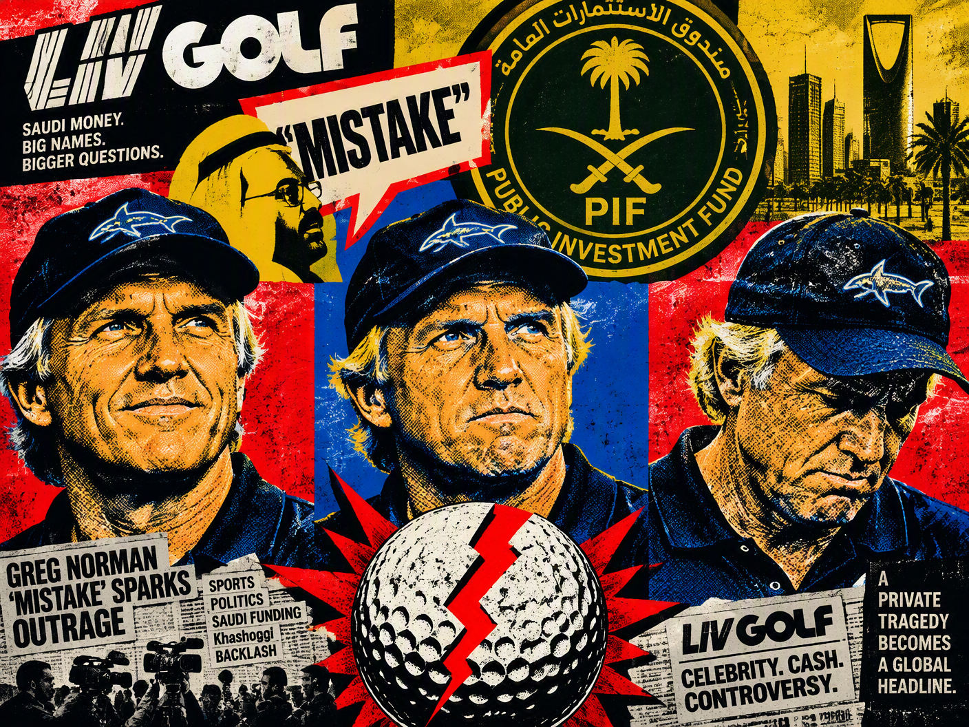 Pop Art triptych of Greg Norman’s face with graphic icons of a cracked golf ball, Jamal Khashoggi’s silhouette, and Saudi funding emblem, in vivid colors symbolizing scandal and media attention.