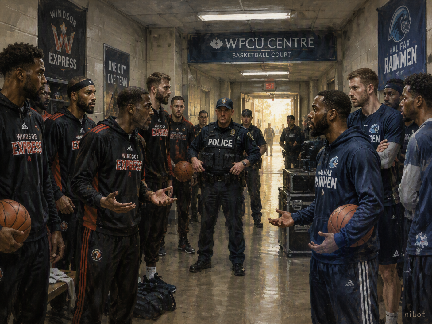 Tense confrontation in a basketball arena corridor between Halifax Rainmen and Windsor Express players and coaches just before the cancelled Game 7, with police present and muted expressions under fluorescent lights.