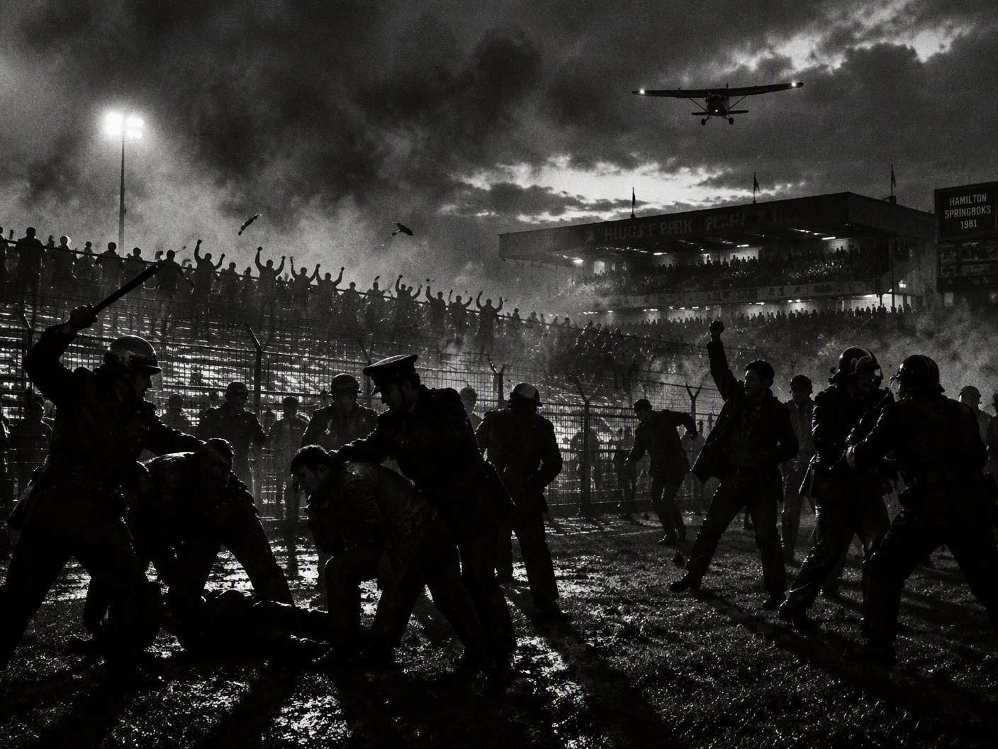 Black and white high-contrast image of Rugby Park pitch at dusk showing silhouetted protesters clashing with police, angry spectators throwing objects from behind a fence, all under an approaching small plane in a smoky sky, conveying tension, disorder, and menace in a 1981 rugby pitch invasion and cancellation.