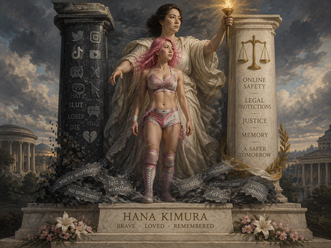 A dignified oil painting-style tableau depicting Hana Kimura with pink hair standing between symbolic pillars of online abuse and justice, her mother holding a torch behind her, set against a classical architectural backdrop representing public memory and legal legacy.