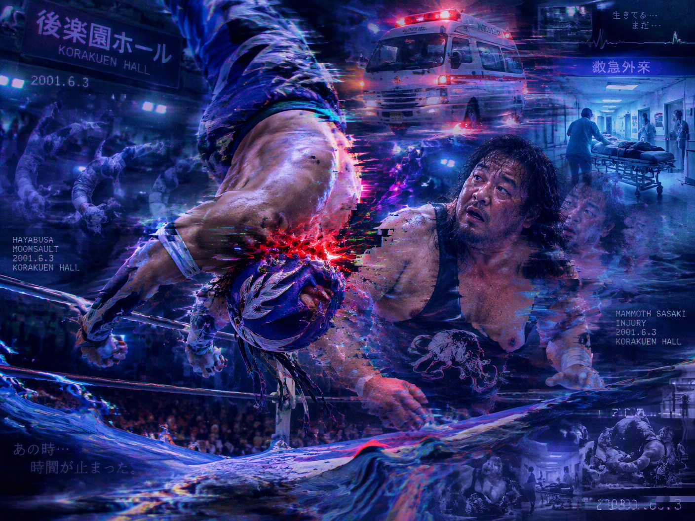Digital surrealist image of two blended, distorted wrestling bodies with neon pixel glitches and melting effects portraying Hayabusa's spinal injury during his final match at Korakuen Hall, surrounded by blurred ambulance and hospital elements in a warped ring.