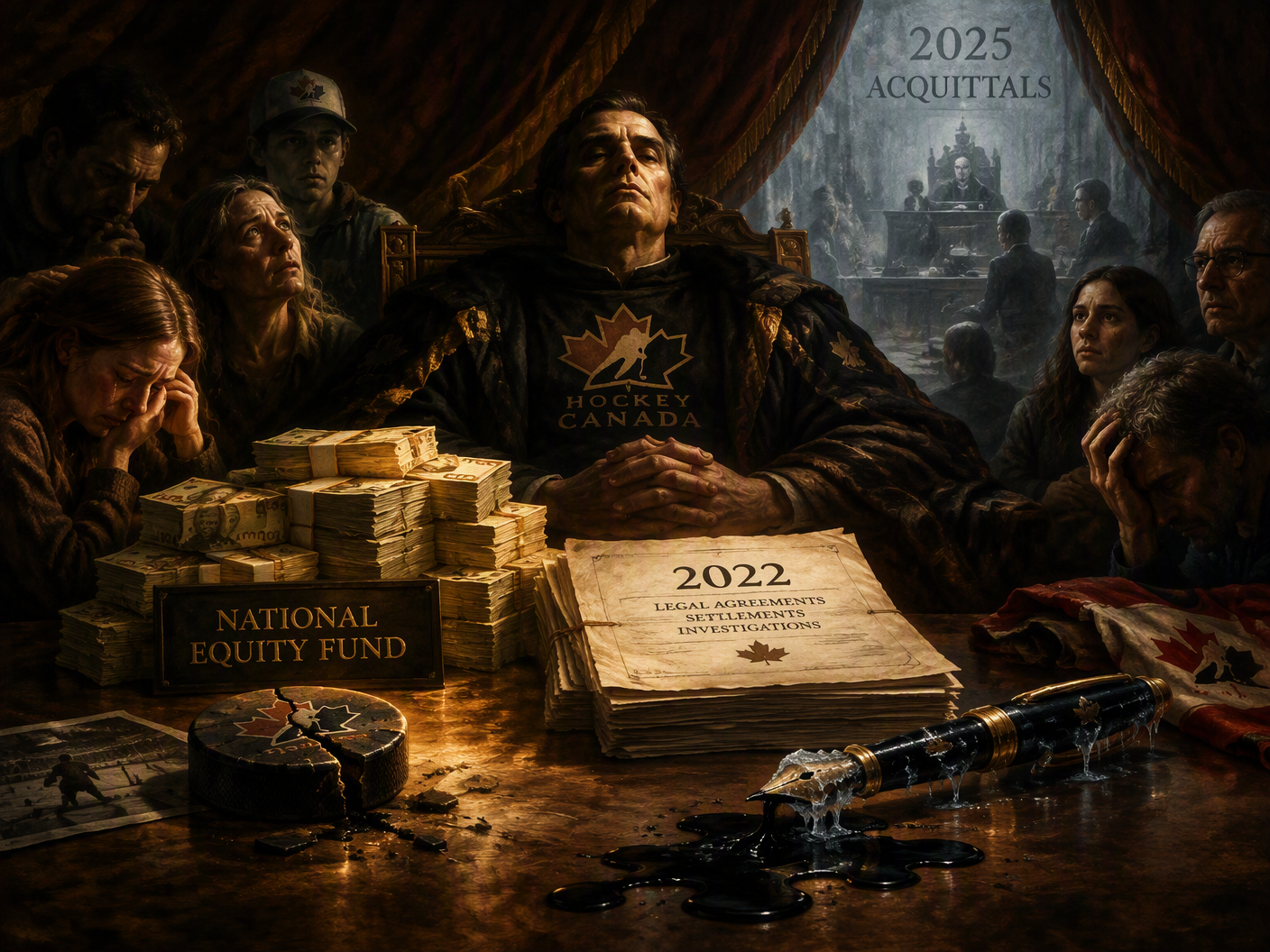 Baroque-style dramatic painting showing Hockey Canada as a dark-robed figure seated behind a table piled with money and legal papers, surrounded by lit faces of witnesses and a ghostly courtroom scene behind heavy curtains, symbolizing the 2022 settlement, reserve fund controversy, and 2025 trial acquittals amid intense chiaroscuro lighting.