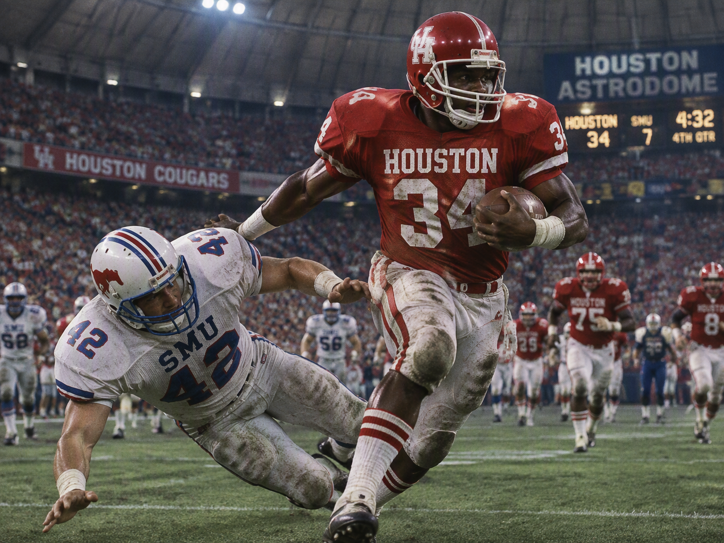 Houston Cougars football player breaking tackle of an SMU Mustang defender under the bright lights of the Astrodome in 1989, capturing the decisive moment of a rout between two NCAA-sanctioned teams.