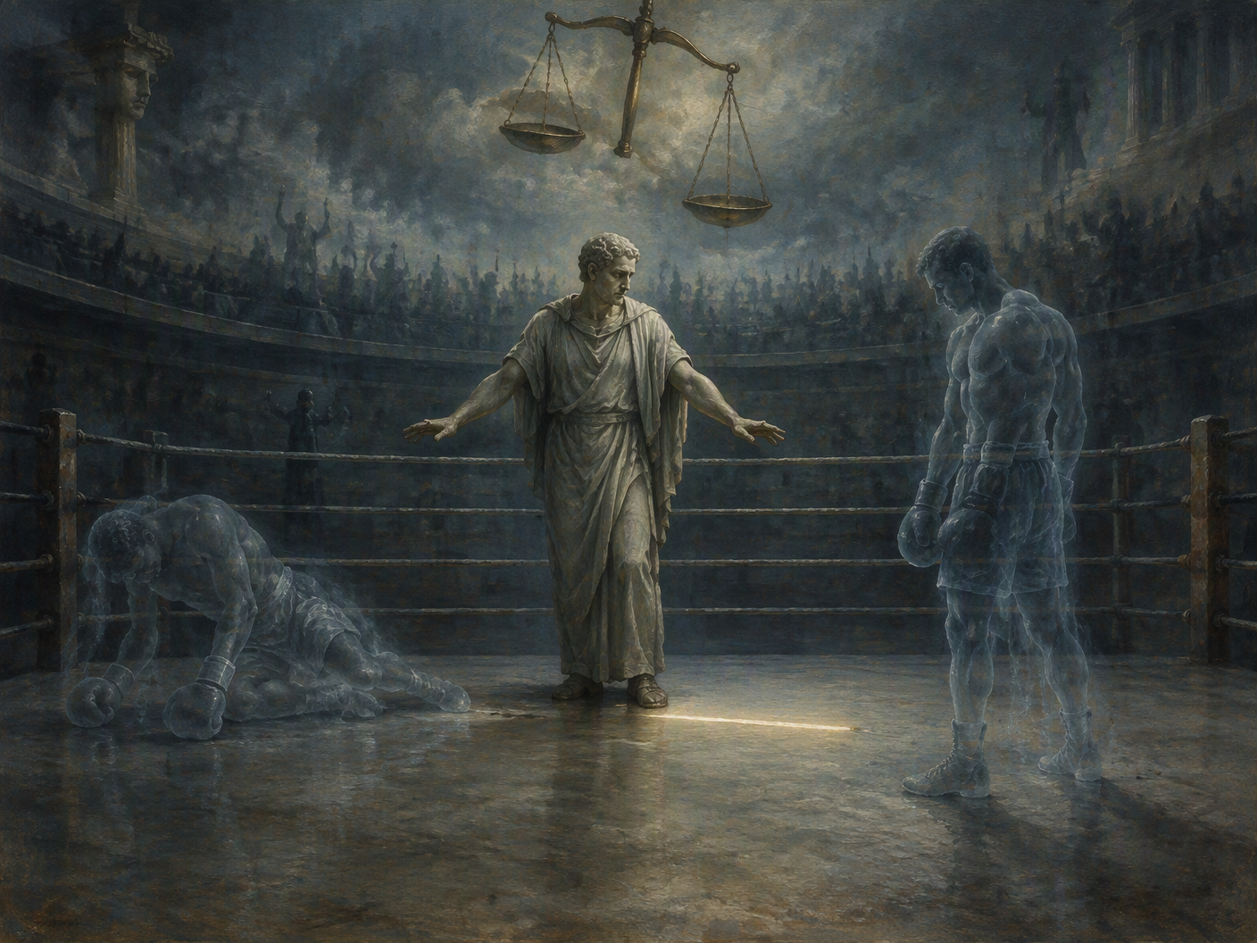 A desolate boxing ring in an empty arena with a classical figure of a referee frozen in decision, two ghostly boxers standing apart in muted colors, and symbolic scales above, capturing the psychological solitude amid controversy.