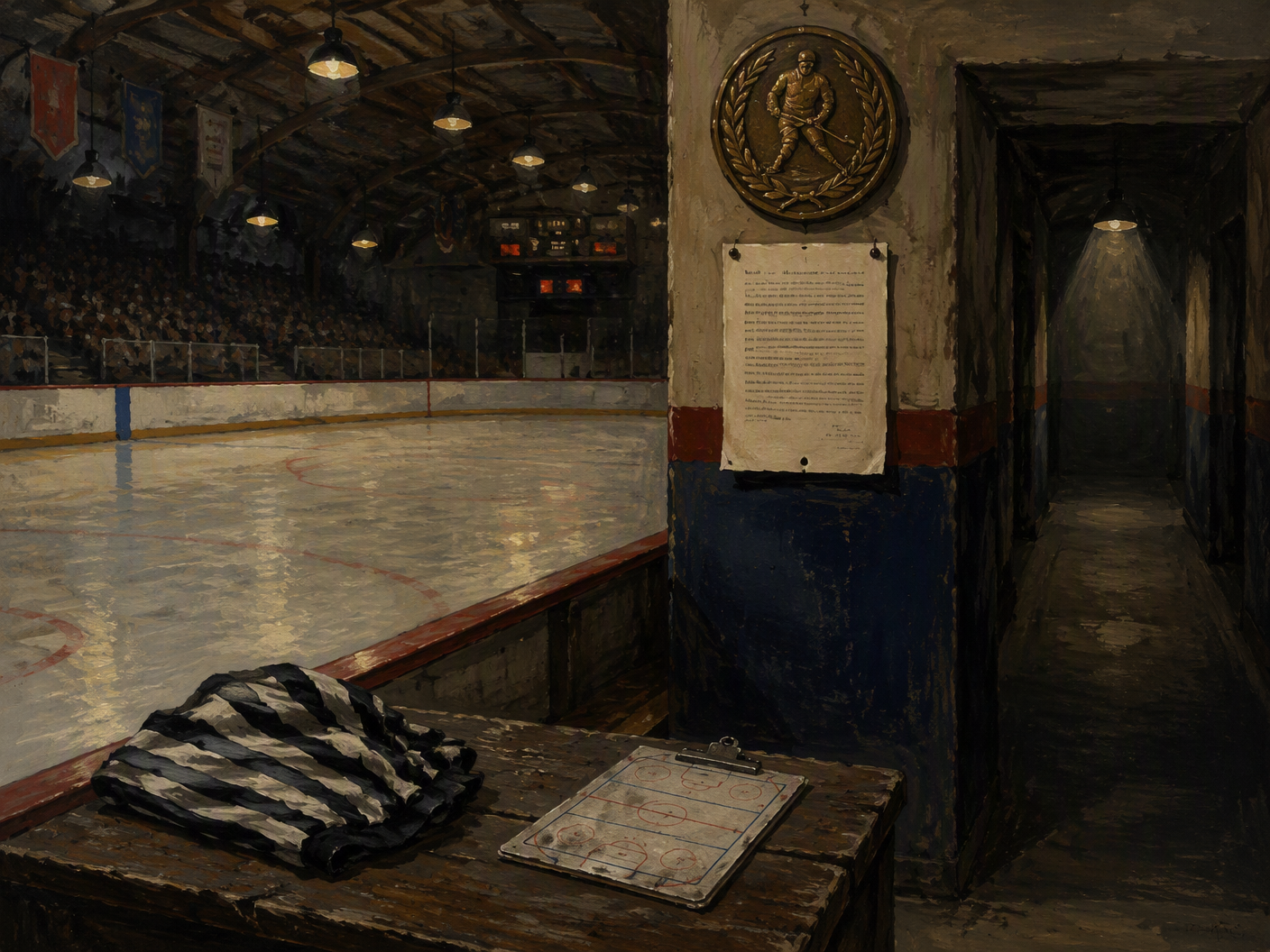 A gouache painting of an empty 1942 hockey rink and officials’ tunnel, with a striped referee sweater, coach’s clipboard, and suspension notice on a wooden bench under dim amber lights.