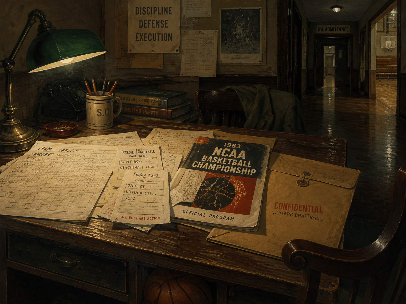 A dim early-1960s office desk holds score sheets, betting slips, a tournament program, and a legal envelope beneath a green lamp, while a basketball rests partly in shadow near an empty gym corridor.