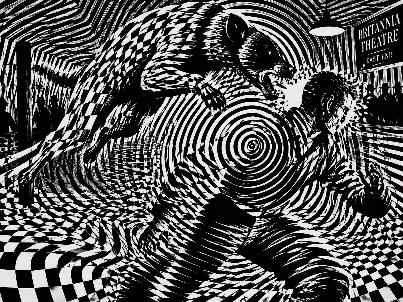 An Op Art inspired black-and-white image showing a distorted human figure struggling against a leaping dog within warped grids and concentric patterns, highlighting a fragmented right ear symbolizing injury during a fight.
