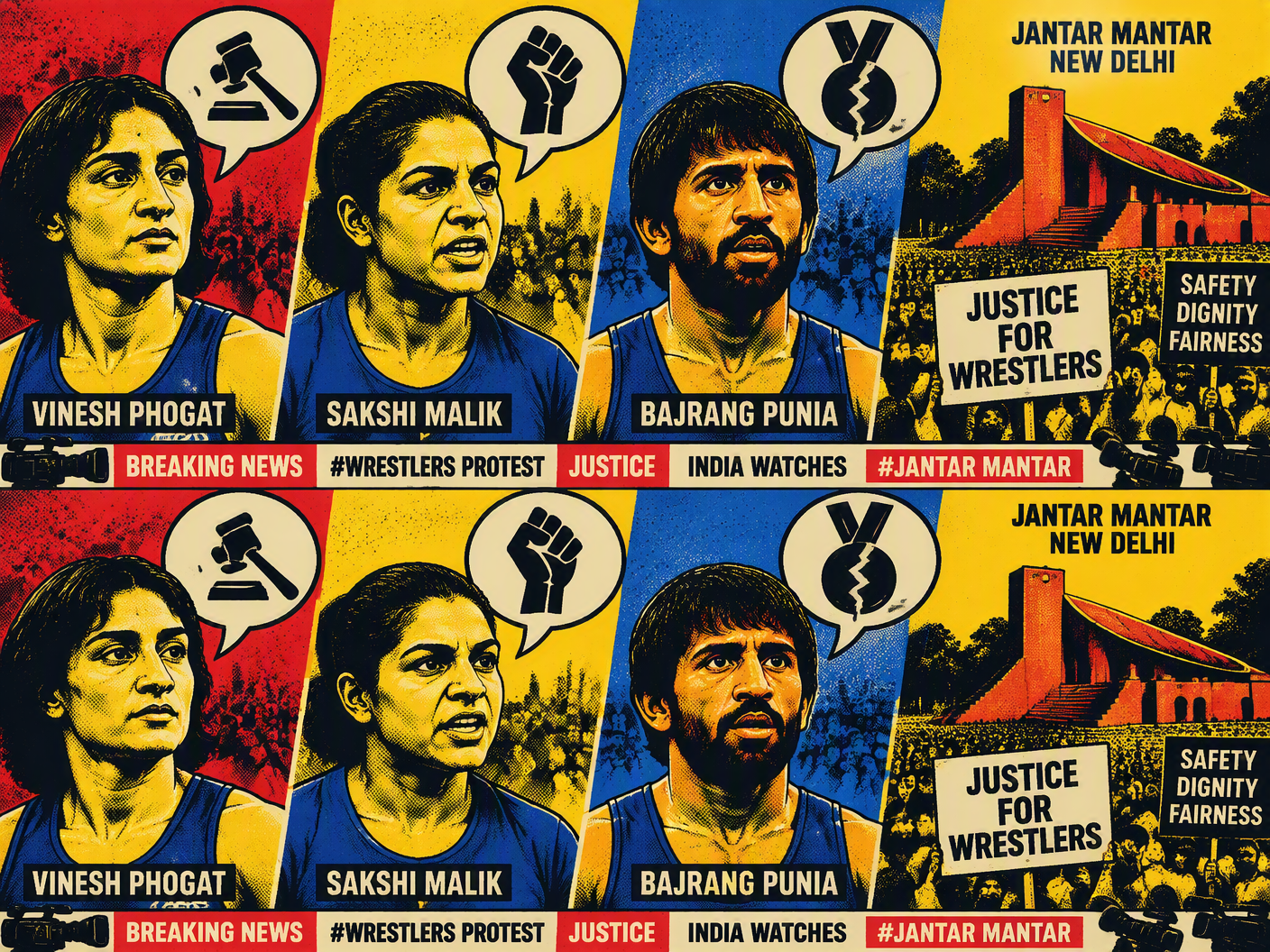 Pop art style illustration showing repeated bold portraits of Indian wrestlers Vinesh Phogat, Sakshi Malik, and Bajrang Punia with graphic symbols of protest and justice, set against a stylized backdrop of New Delhi’s Jantar Mantar monument.
