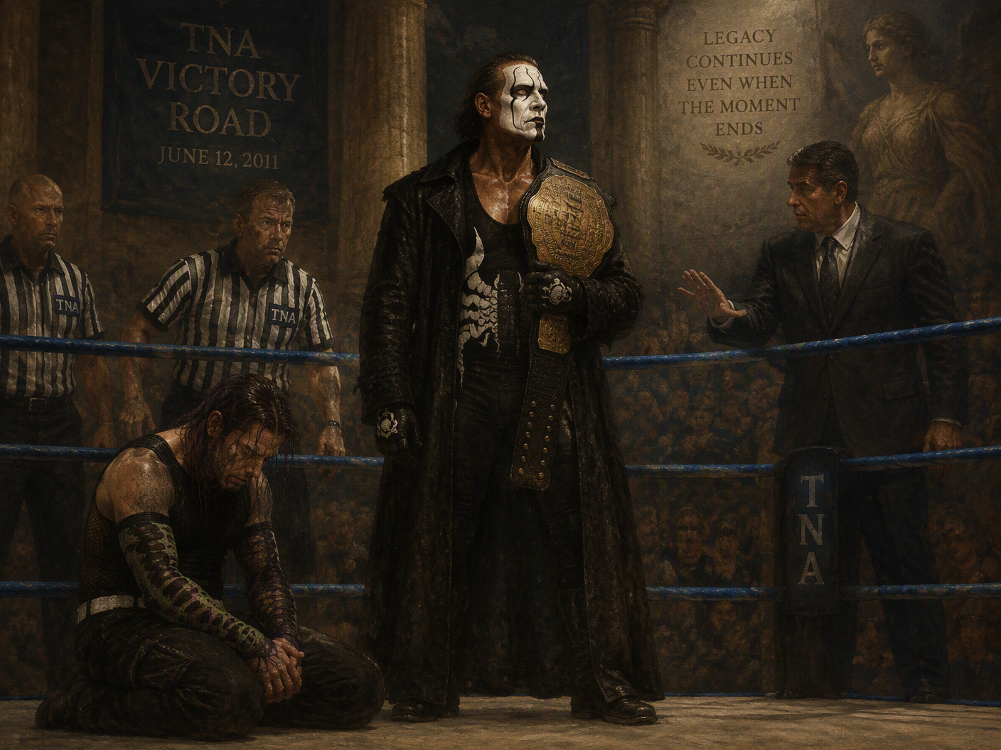 Neoclassical painting of a wrestling ring with Sting standing proudly holding a championship belt, Jeff Hardy seated nearby looking defeated, with a referee signaling and an executive figure watching quietly, all bathed in somber lighting and muted classical colors, symbolizing the abrupt end of the 2011 TNA Victory Road main event and its lasting impact on wrestling history.