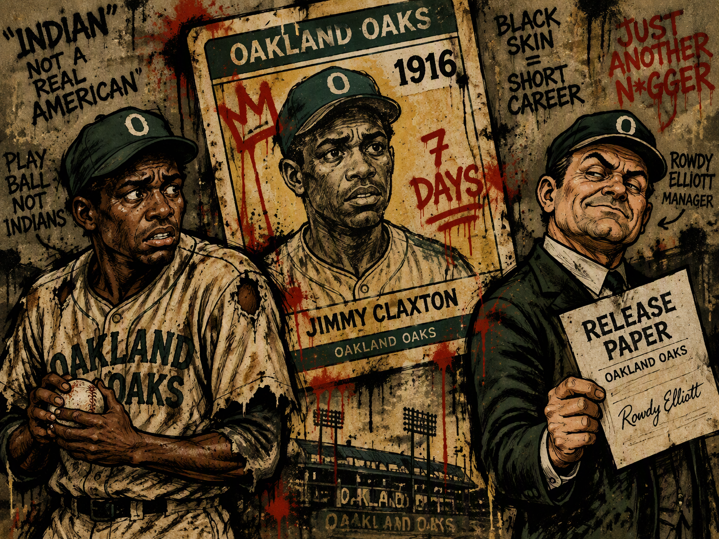 Crude urban pop drawing showing a nervous Jimmy Claxton in a worn Oakland Oaks uniform clutching a baseball, facing team manager Rowdy Elliott holding a release paper, with a giant graffiti-style 1916 baseball card of Claxton towering behind them, in grimy earth tones and rough marker lines highlighting the injustice of Claxton’s brief, racially framed baseball career.
