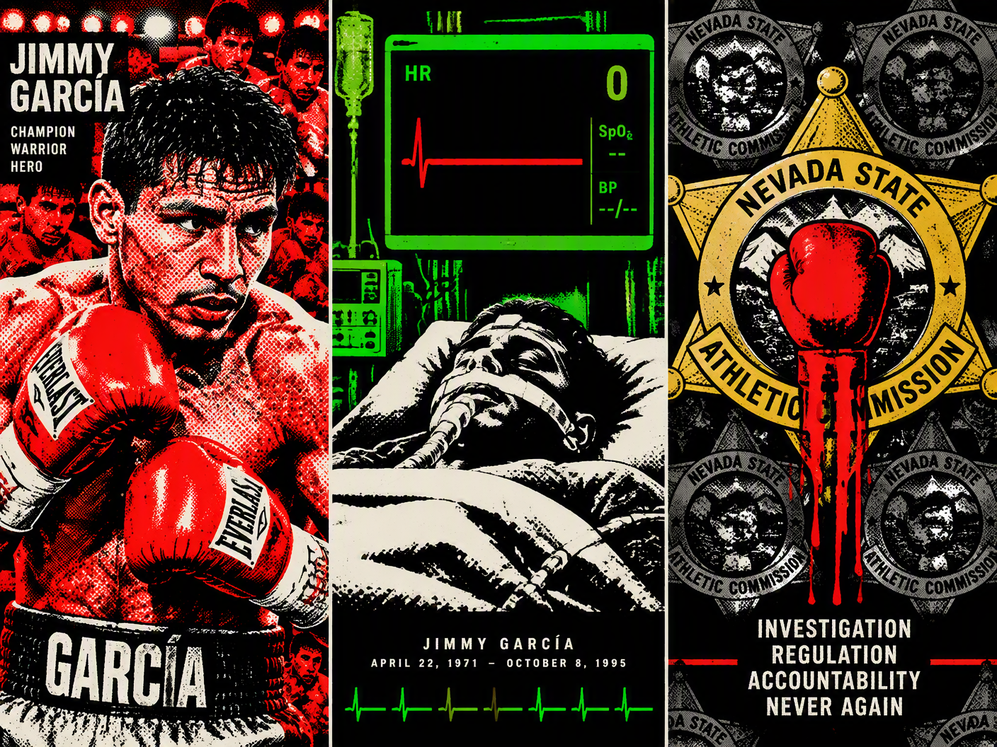 Pop Art style triptych showing boxer Jimmy García fighting, then a hospital life support machine flatlining, and finally Nevada State Athletic Commission badge overlaid with a dripping boxing glove symbolizing tragedy and institutional scrutiny.