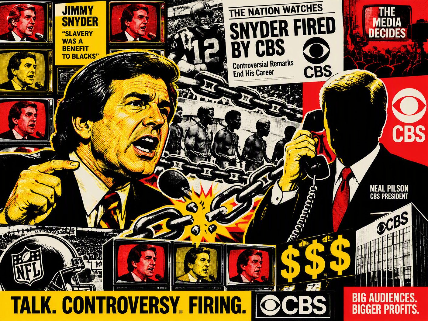 Pop Art style illustration showing Jimmy Snyder speaking controversially on race and athletics, juxtaposed with a corporate figure on the phone representing CBS firing him. Repeated panels, football imagery, broken chains, and bold colors symbolize the scandal, media spectacle, and institutional judgment.