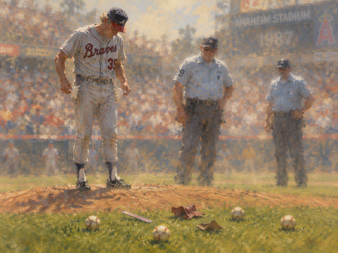 Impressionistic view of Joe Niekro emptying his pockets on the baseball mound revealing an emery board and baseballs, with umpires nearby and a hazy stadium atmosphere in late 1980s Anaheim.