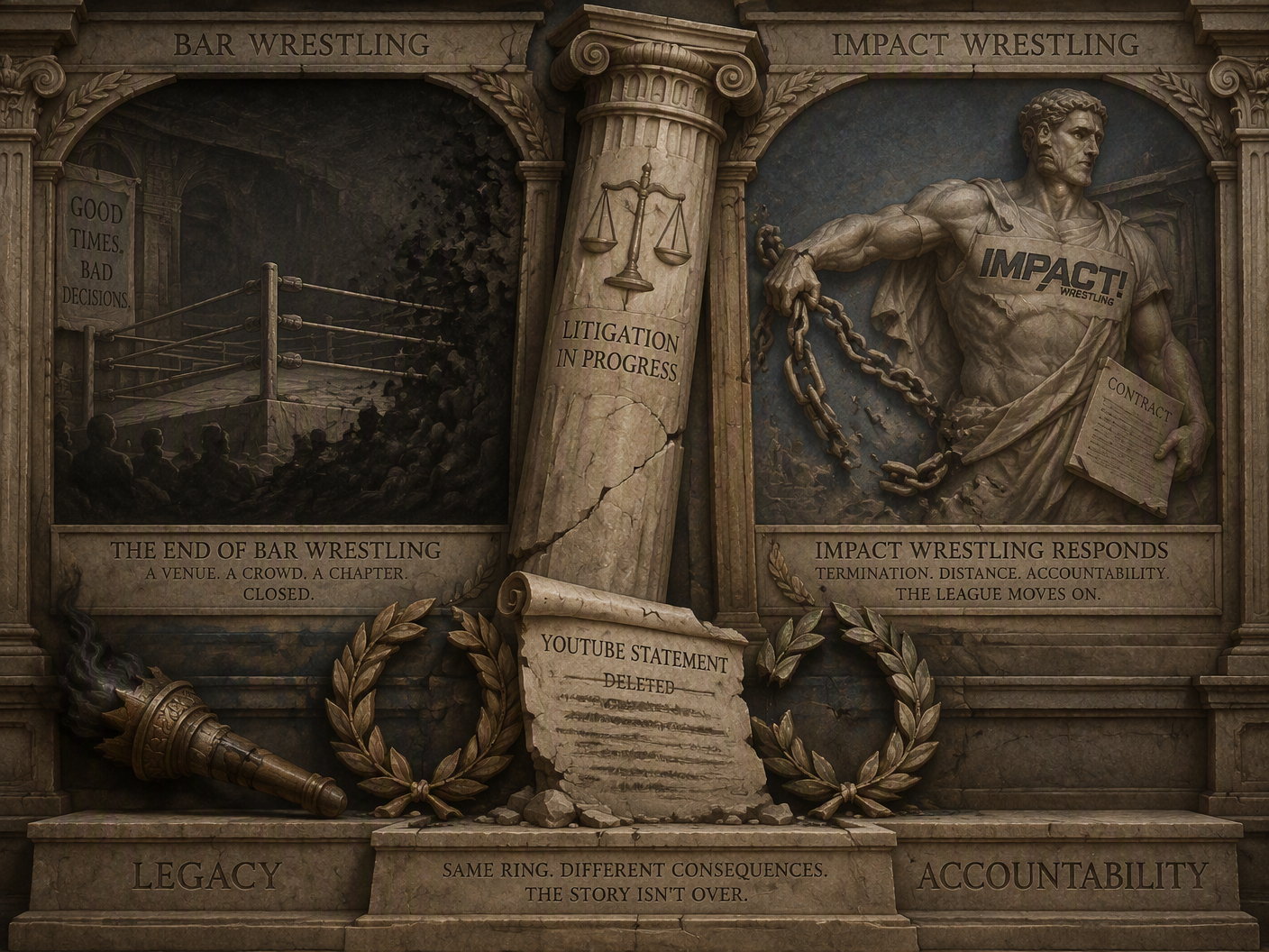 Marble bas-relief style image showing a wrestling ring dissolving into shadows beside a figure cutting contractual chains, with scales of justice and a partially erased scroll between them; laurel wreaths and a dimmed torch symbolize lost honor and fading public platform, rendered in muted earth tones and classical style.