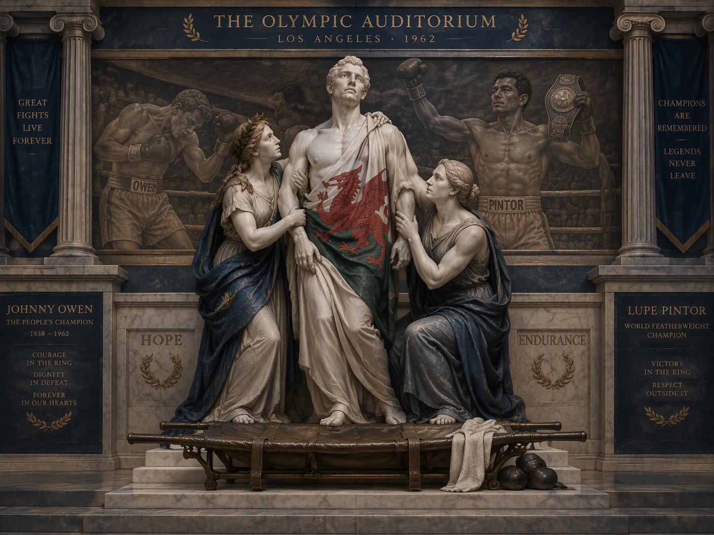 Neoclassical tableau showing a marble statue of Johnny Owen supported by allegorical figures of Hope and Endurance, a bronze stretcher at his feet, and a background relief of his boxing match against Lupe Pintor beneath Ionic columns symbolizing official memory and tragic legacy.