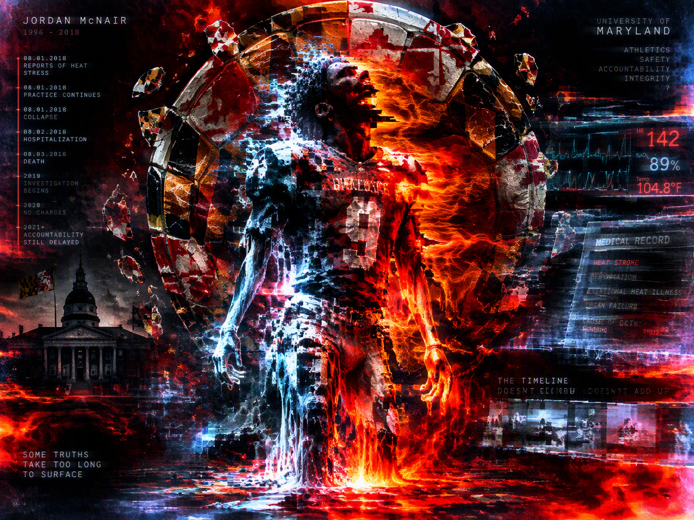 A surreal composite of a melting digital figure symbolizing Jordan McNair surrounded by glitching, breaking University of Maryland Terrapin symbols and fragmented timelines, rendered in fiery and neon hues to evoke heat stroke tragedy and institutional collapse.