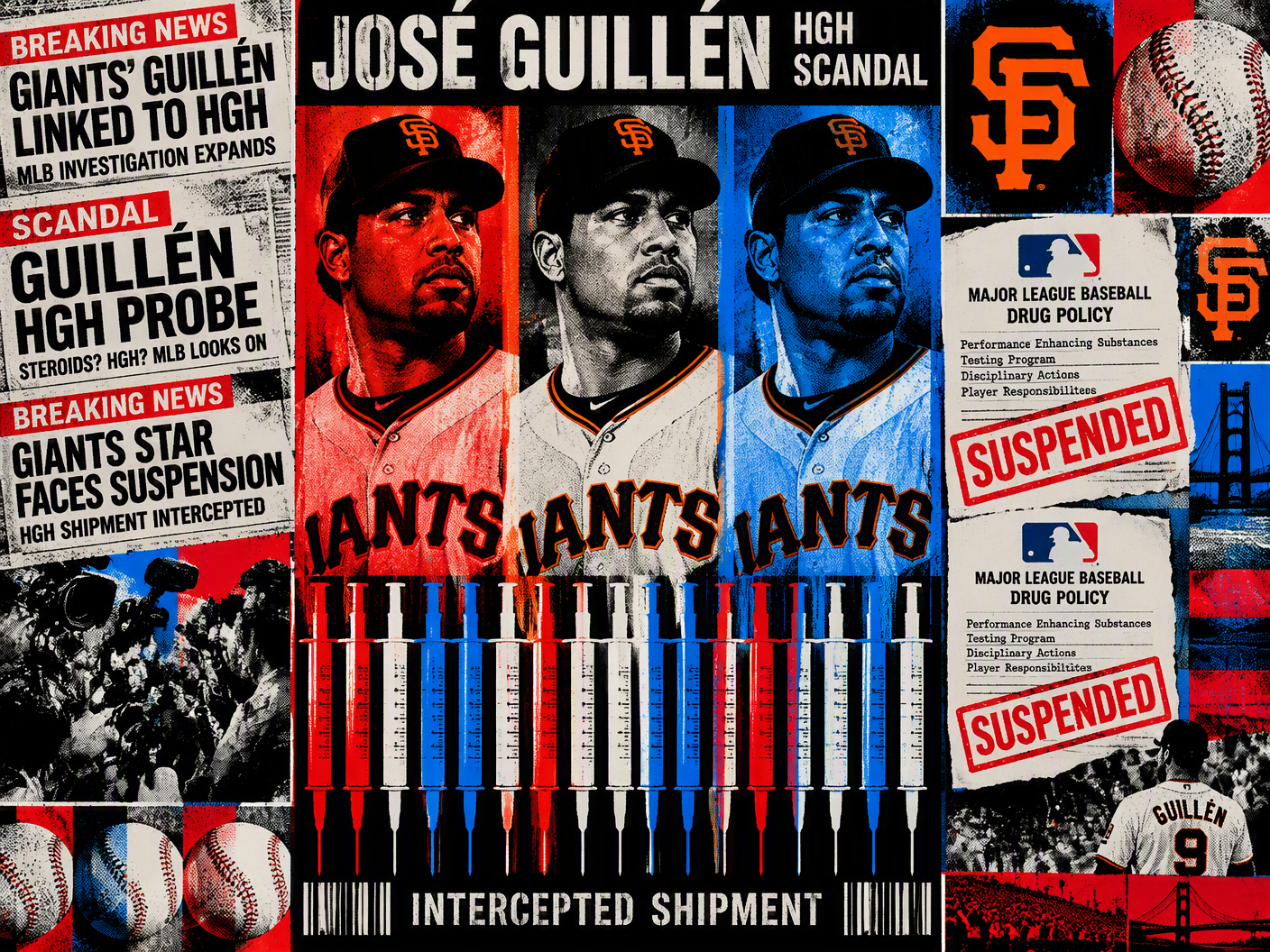 Pop art style image showing repeated portraits of baseball player José Guillén, overlaid with syringe icons, official suspension stamps, and baseball symbols, using bold red, black, blue, and white colors to depict the HGH investigation and MLB’s disciplinary actions.