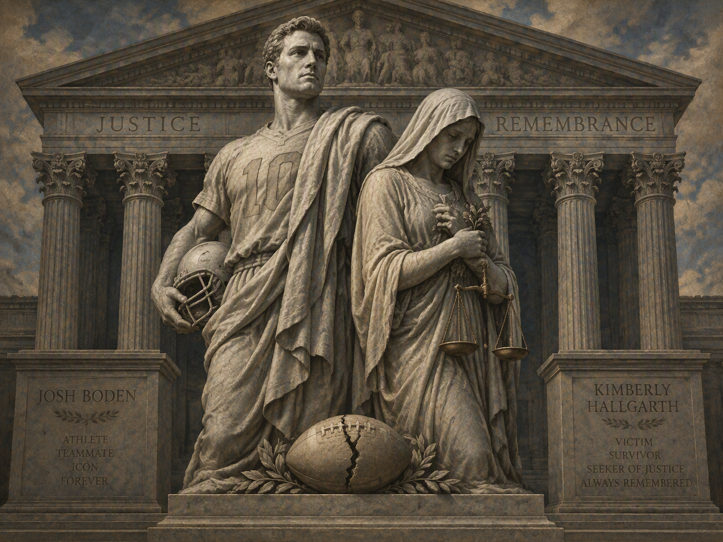 Neoclassical tableau showing a stone statue of a football player beside a veiled woman symbolizing a victim, set against a courthouse with columns, rendered in muted classical tones to evoke justice and public memory.