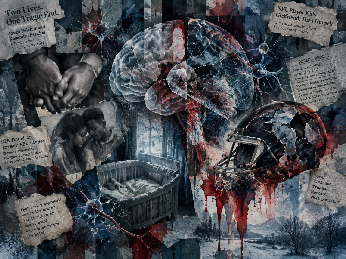 Abstract surreal collage featuring a fractured brain intertwined with faded images of a couple and an infant’s cradle, overlaid with symbolic elements like a melting football helmet and neural tangle shapes, rendered in muted blues, grays, and blood reds conveying tragedy and unresolved mystery.