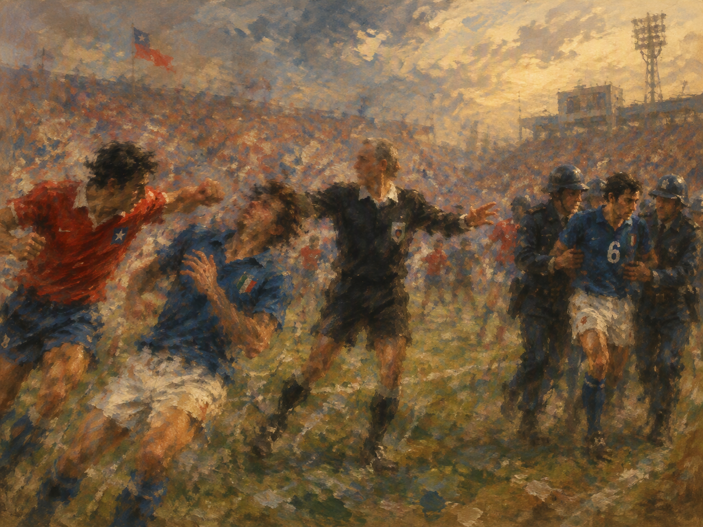 Impressionist painting of a chaotic 1962 football match in Santiago, showing a referee raising his hand amid players and police entering the field, with blurred, energetic brushstrokes and a hazy, tense atmosphere.