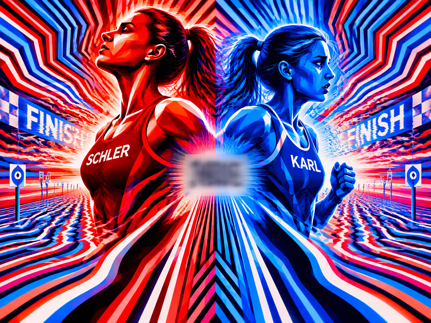 Abstract chromatic op art image featuring two radiant geometric female figures back-to-back amid vibrating luminous racecourse lines and a disappearing finish line, symbolizing deception and delayed victory in a marathon scandal.