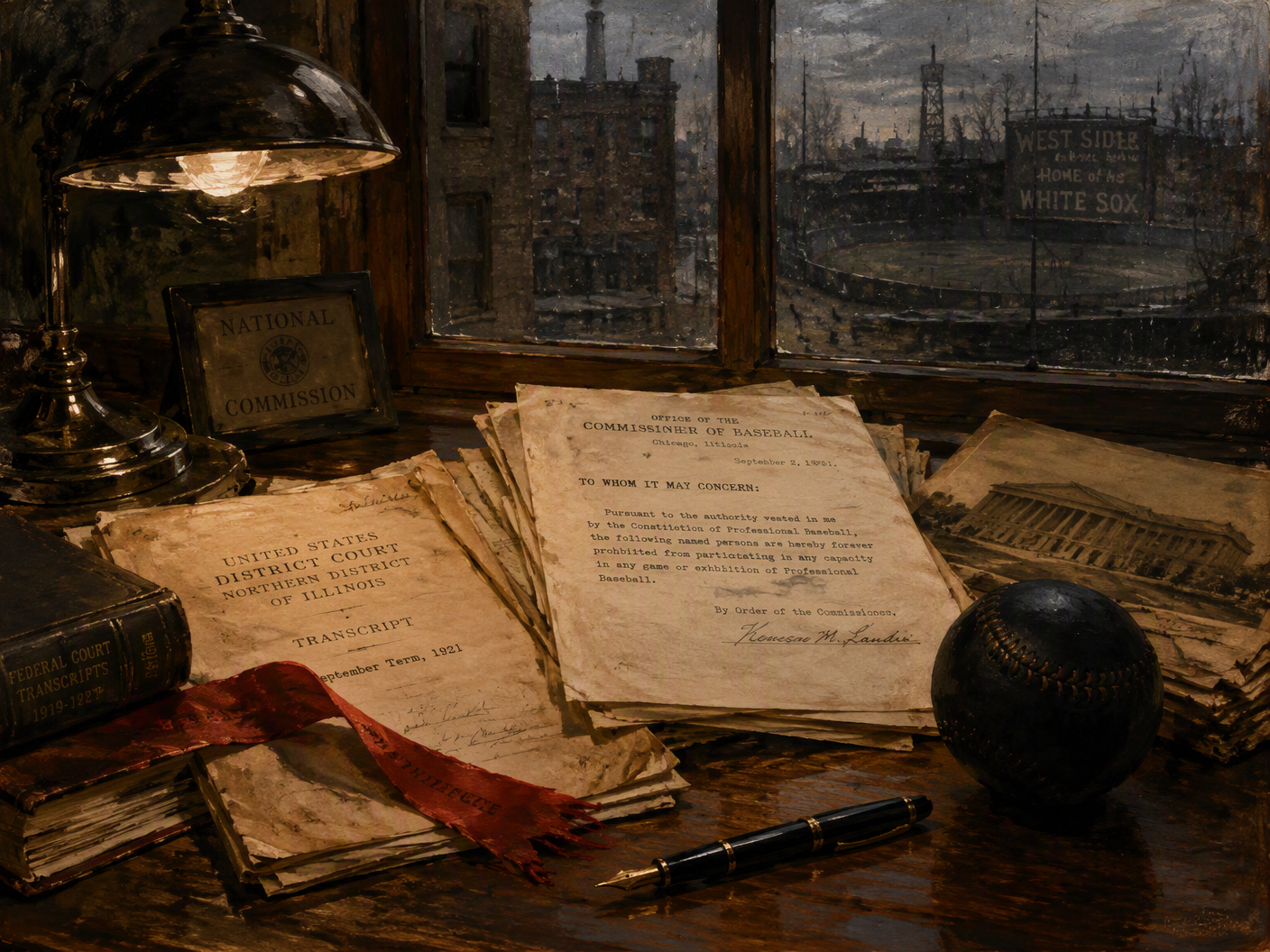 A gouache painting shows a lamplit wooden desk with court papers, a typed ban notice, a fountain pen, and a black baseball beside a rain-darkened window overlooking indistinct brick buildings.