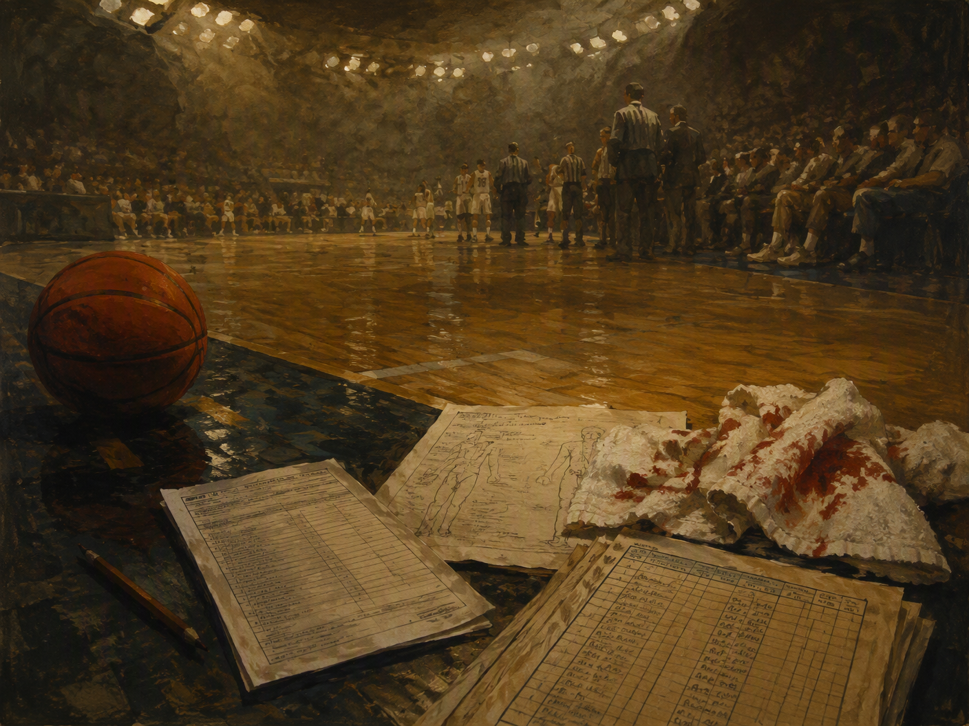 A gouache painting of a dim late-1970s basketball court with an orange ball, folded disciplinary paper, medical chart, and towel in the foreground, while indistinct figures and arena lights fade into tobacco-colored darkness; tax forms and a charity ledger emerge at the edge of the scene.