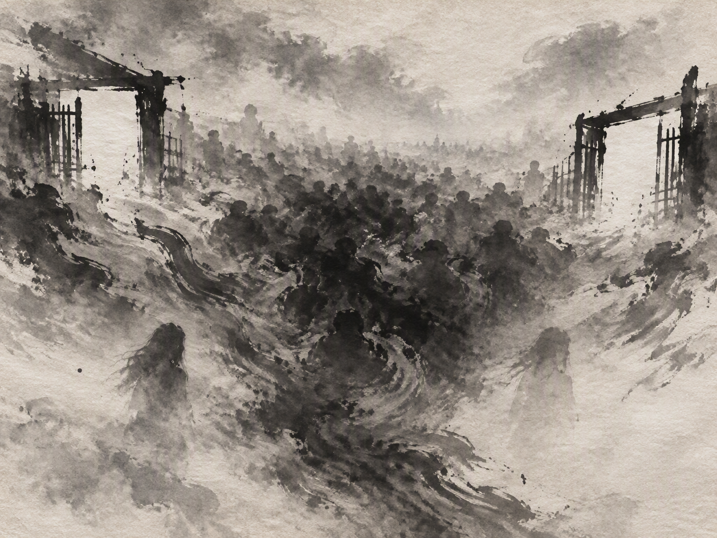A misty, abstract ink wash landscape with swirling dark forms and two faint, ghost-like female figures emerging from the fog, symbolizing the tragic crowd crush at Kanjuruhan Stadium and the unresolved grief left in its aftermath.