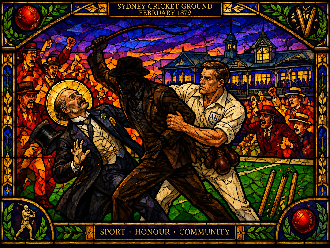 Stained-glass style artwork showing Lord Harris being struck during a cricket riot, with A.N. Hornby restraining an attacker, surrounded by a crowd in turmoil at the Sydney Cricket Ground in 1879.