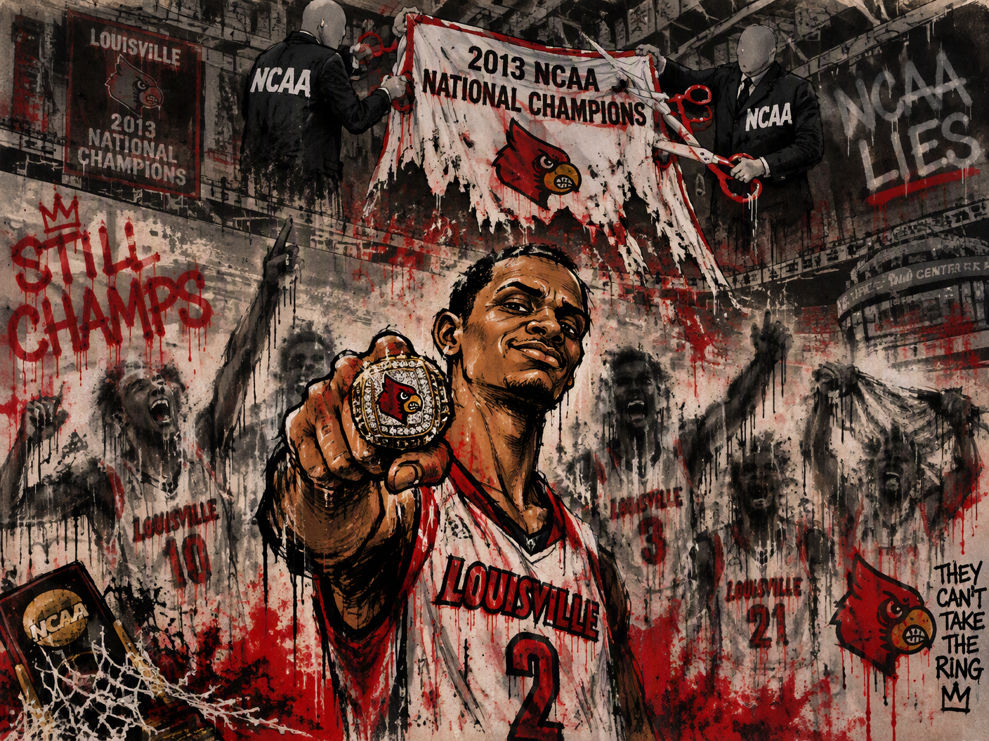 Crude cartoon of basketball player Kevin Ware holding up a large championship ring with a smirk, surrounded by ghostly teammates fading away as a tattered banner is ripped down by faceless bureaucrats, graffiti reading ‘Still Champs’ and ‘NCAA Lies’ in a gritty basketball arena background.