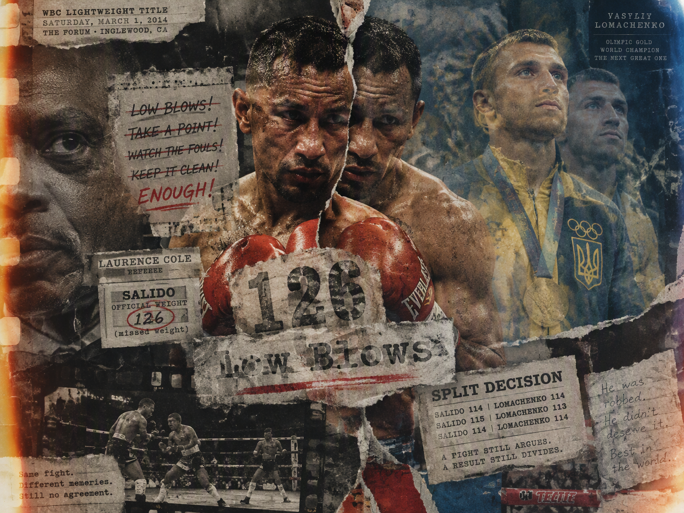 Grainy, torn photo collage of boxer Orlando Salido and referee Laurence Cole layered with faded handwritten notes and Olympic-era Vasiliy Lomachenko ghosted in the background, symbolizing a controversial 2014 boxing match with disputed low blows and a vacant featherweight title.