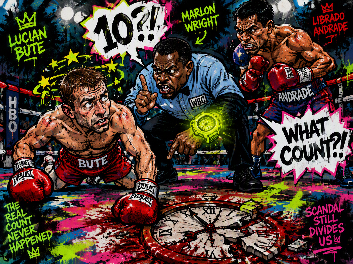 A textured gouache and charcoal illustration of an empty boxing-ring corner in a dim Quebec arena, with a stopwatch, folded scorecard, corner tape, and championship belt near the ropes.