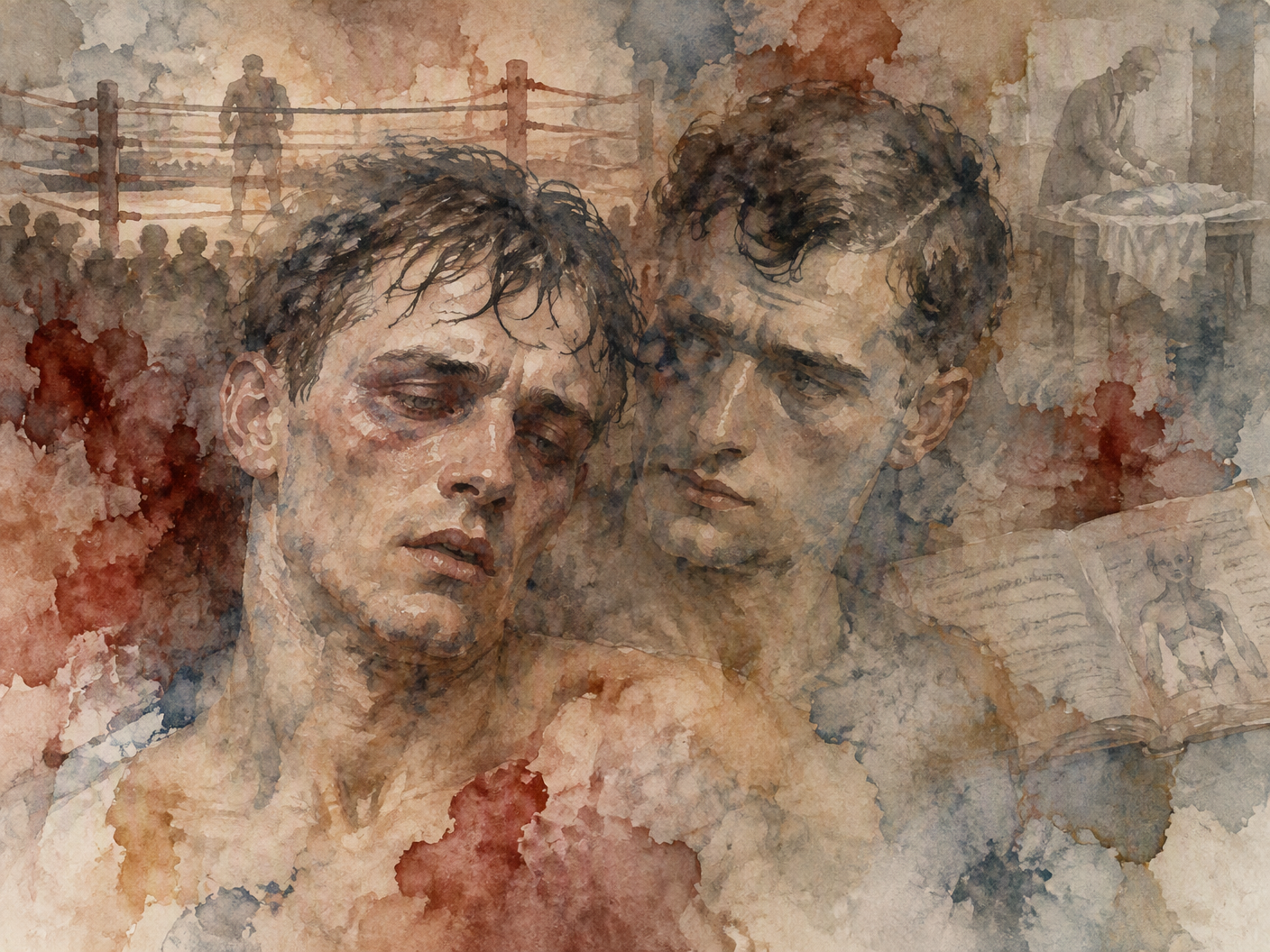 A watercolor expressionist painting showing two intimate male faces dissolving at the edges against a fading boxing ring backdrop, with ghostly hints of a coroner's inquiry, symbolizing the tragic death of boxer Luther McCarty in 1913 and the subsequent exoneration of Arthur Pelkey.