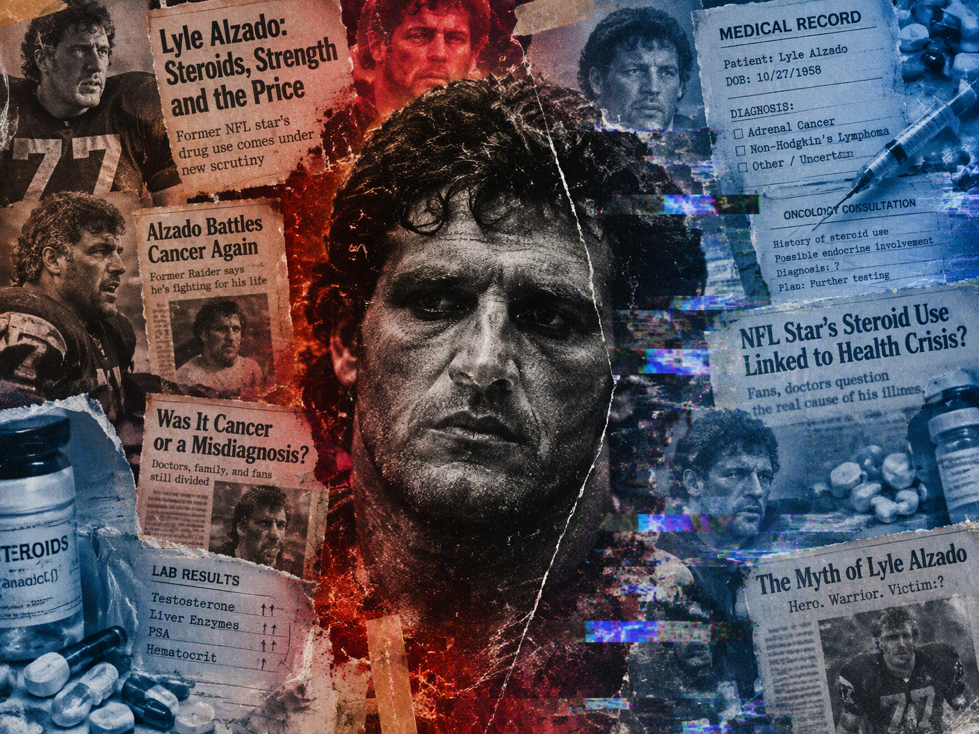 A grainy, damaged 35mm style photo collage of Lyle Alzado surrounded by overlapping cutouts of medical documents, steroid imagery, and newspaper clippings, blending warm and cool tones to reflect the tension between his steroid use claims and doctors’ disputed diagnoses.