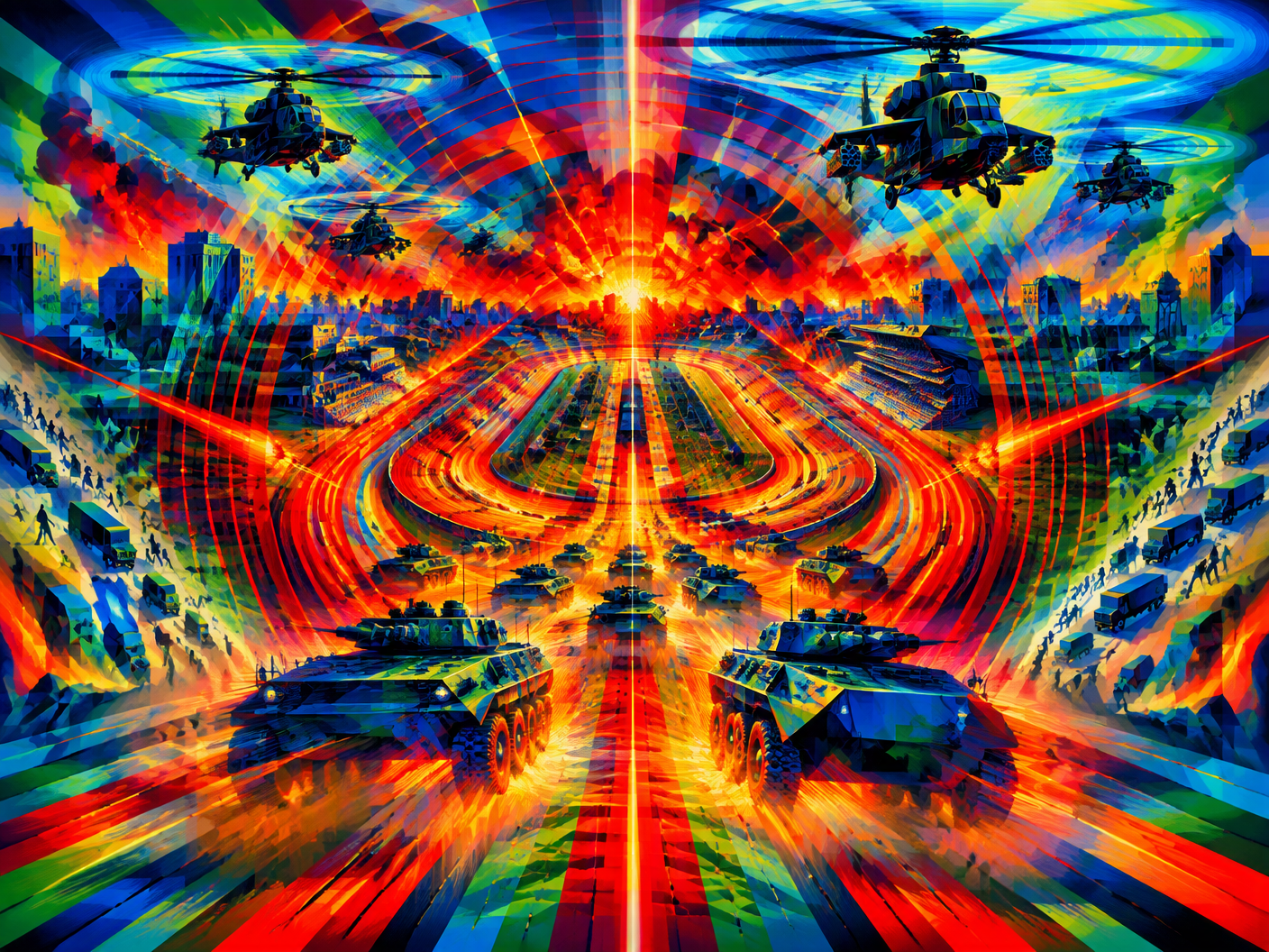 Abstract chromatic op art image showing overlapping luminous geometric shapes and vibrating edges symbolizing armored vehicles and helicopter gunships over a racetrack, using radiant reds, oranges, blues, and greens to depict the battle intensity and cityscape during Tet Offensive in 1968.
