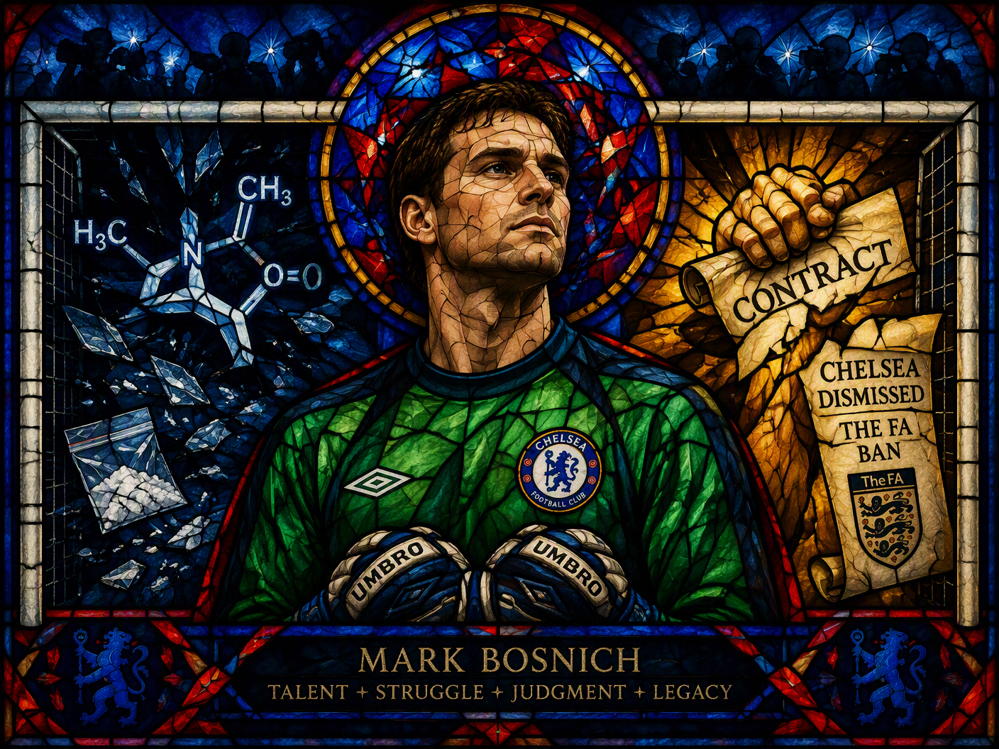 Stained-glass style portrait of Mark Bosnich as a goalkeeper framed by football goal lead lines, with panels depicting a shattered cocaine molecule and a broken contract scroll, symbolizing his positive drug test, dismissal by Chelsea, and nine-month Football Association ban, rendered in jewel tones and illuminated glass.