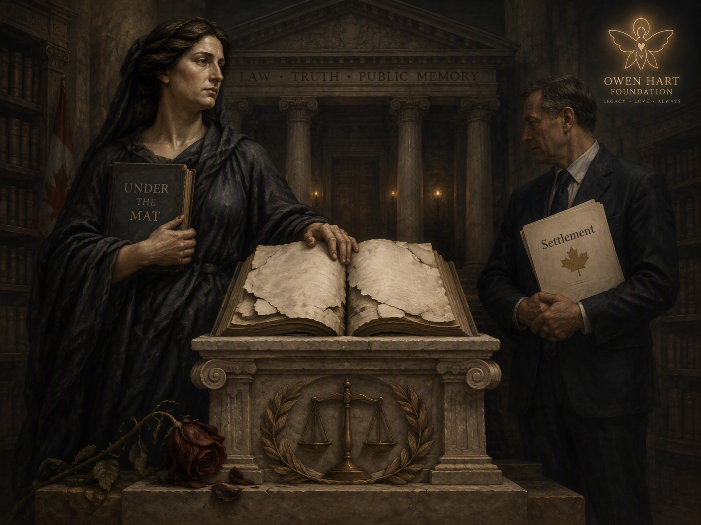 Neoclassical tableau showing a marble pedestal with an open, torn book flanked by a solemn female figure symbolizing Martha Hart and a restrained publisher holding a settlement document, set against a dim civic building with motifs of justice scales, a wilted rose, and the Owen Hart Foundation emblem, rendered in muted tones and oil painting style.