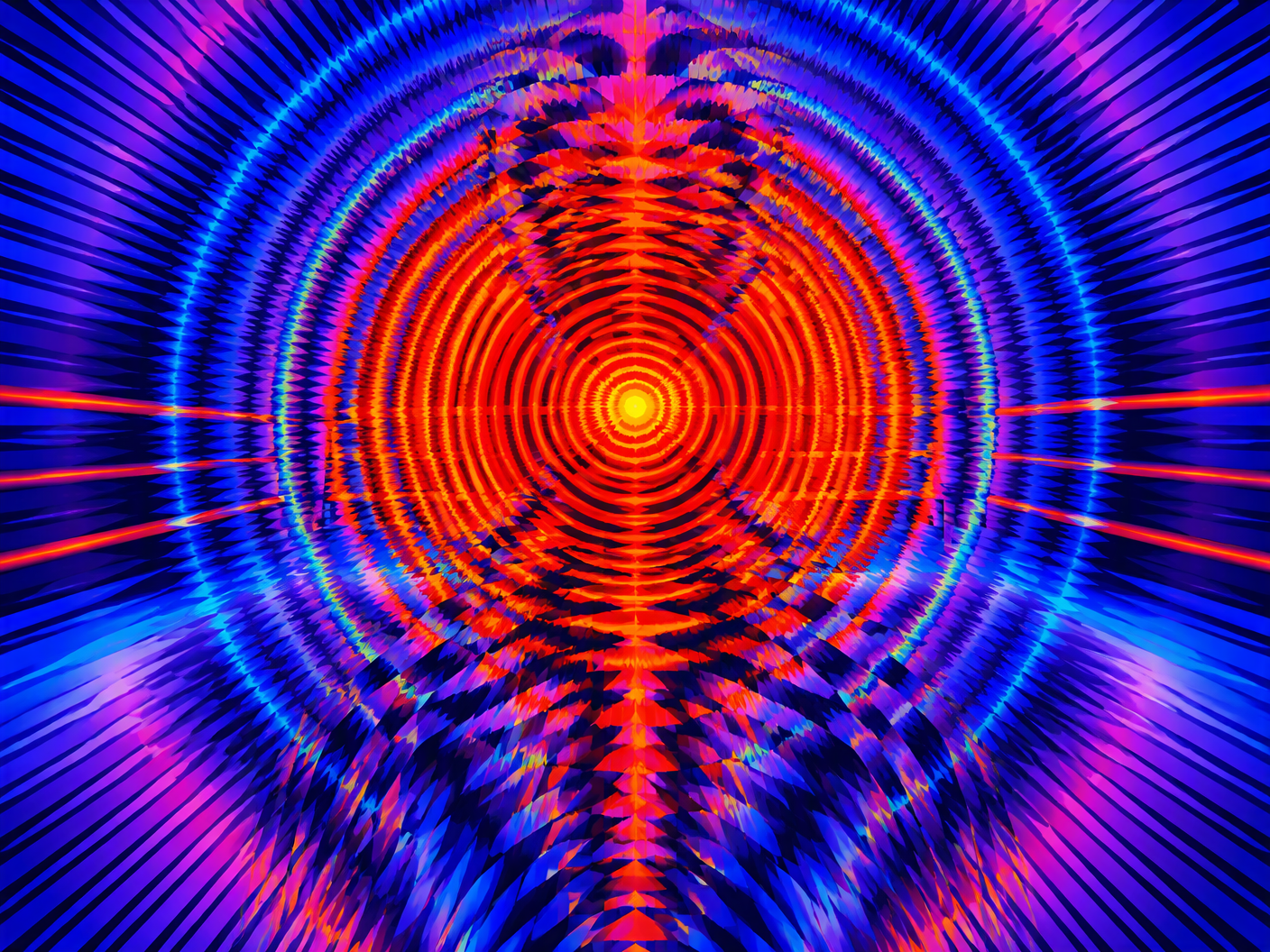 A vibrant op art landscape of concentric circles and vibrating geometric shapes in fiery reds blending into cool blues and purples, abstractly symbolizing brain injury, fading life, and mourning after wrestler Masakazu Fukuda’s fatal match.