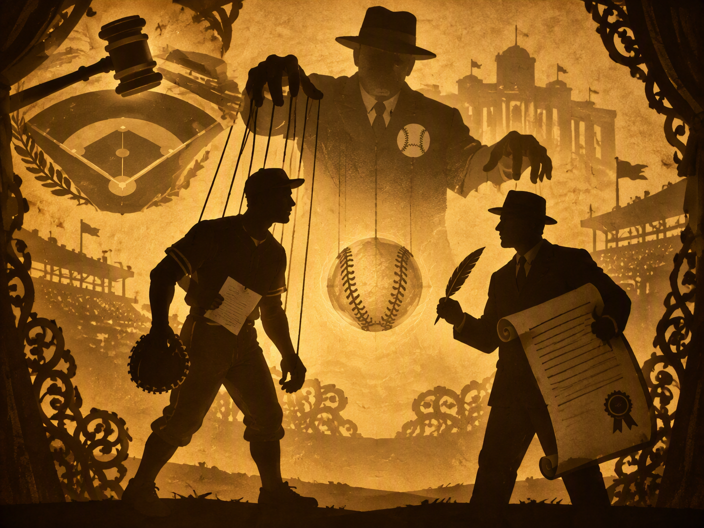 A layered cut-paper silhouette scene showing two men facing each other holding a contract and catcher’s mitt, a suspended baseball orb between them, with a looming shadowy figure controlling puppet strings above, and a gavel silhouette overlaying a baseball diamond in the background, all bathed in warm backlight to evoke a 1940s baseball contract and suspension conflict.