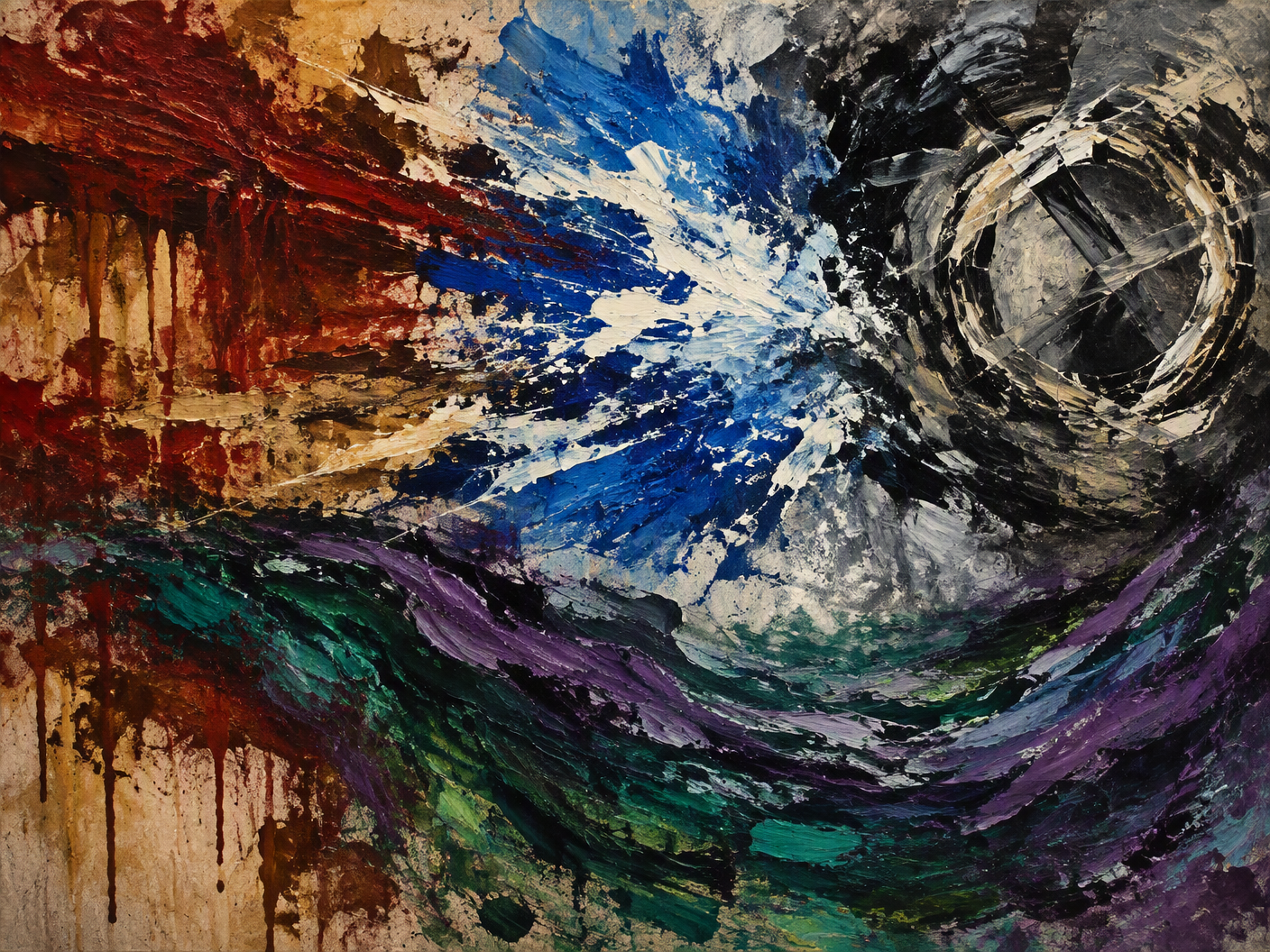 An abstract expressionist painting depicting dynamic layers of poured and gestural paint in reds, blues, blacks, and greens. The composition moves horizontally with rough circular forms suggesting a mock class ring. The raw surface shows fractures and color pressure evoking the tension and layered forces of the Fleming Cannon heist and its four-day journey and recovery between Caltech and MIT.