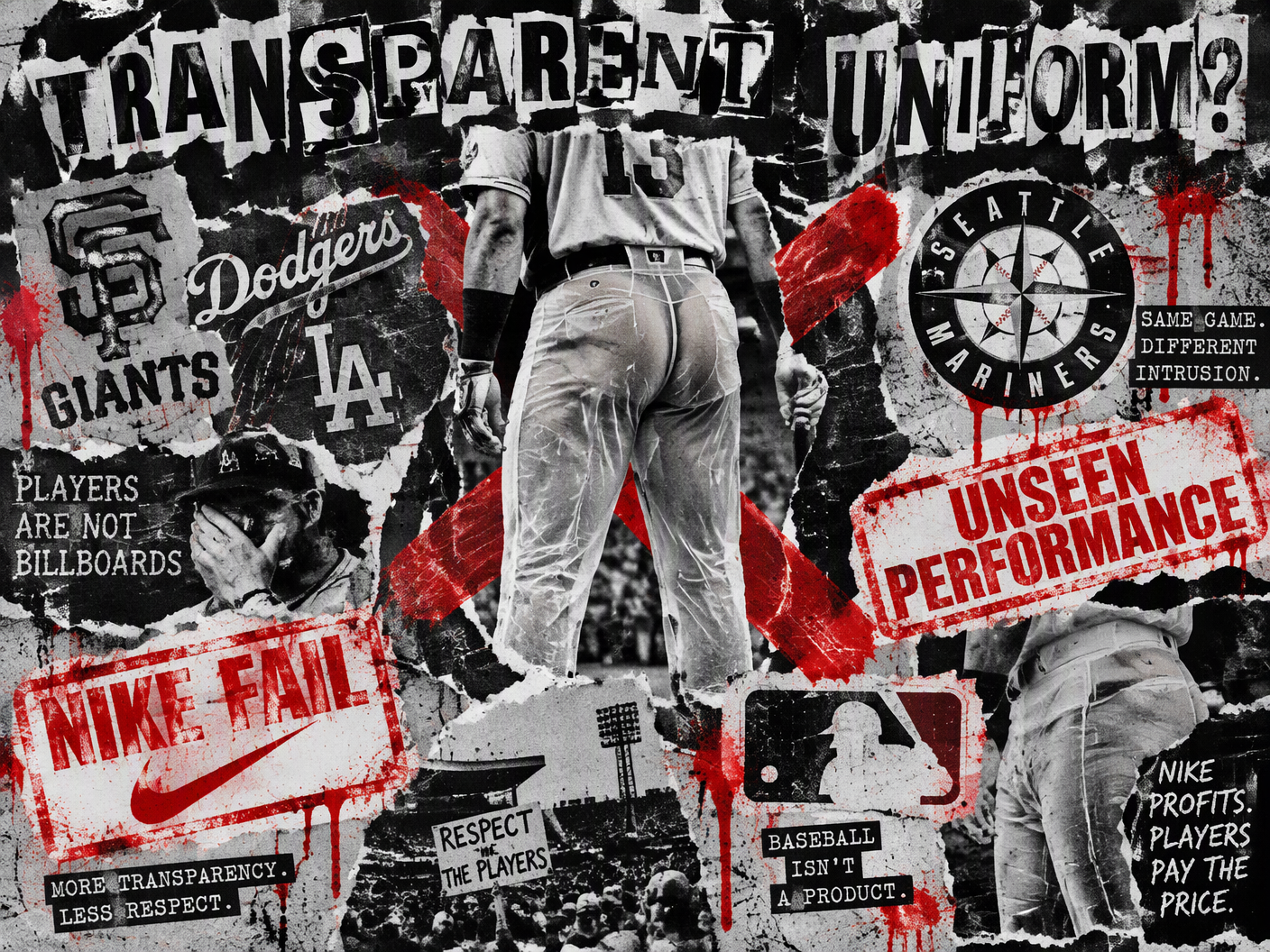 A punk-style collage showing torn photos of baseball players in see-through pants with ransom-letter headlines accusing Nike and MLB, overlaid with red censorship X marks and distressed photocopy textures.