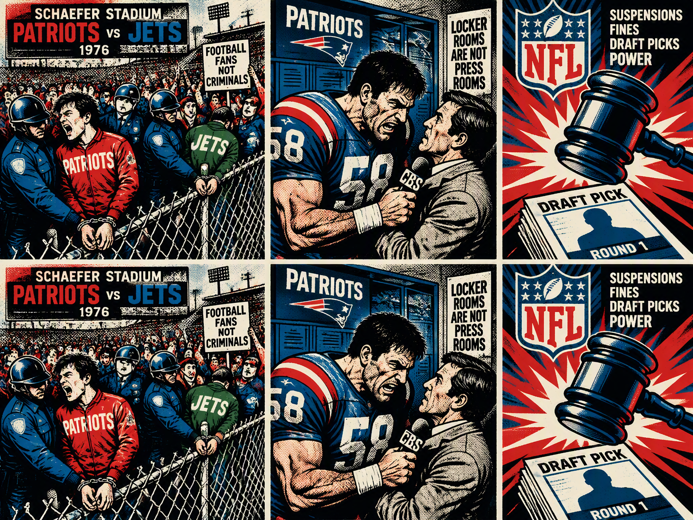 Pop art style illustration showing three panels: police cuffing football fans to a chain-link fence at the 1976 Patriots-Jets game; a tense locker-room fight between a player and a journalist; and a stylized NFL gavel and draft pick symbolizing league discipline.