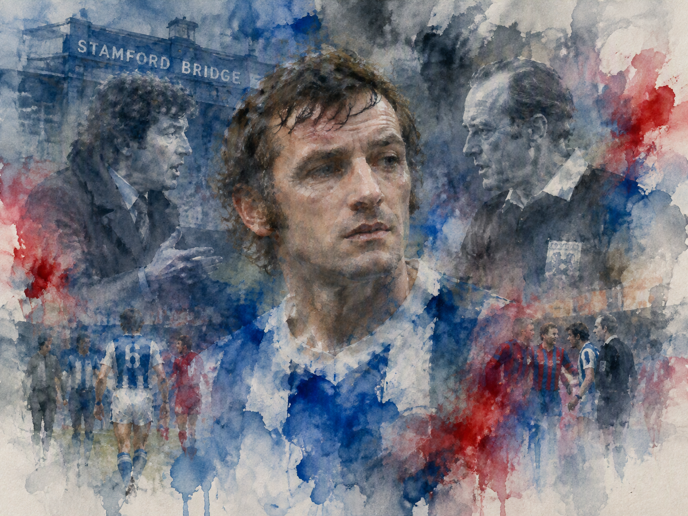 Watercolor expressionist portrait of Alan Mullery at Stamford Bridge during the 1976 FA Cup replay. His face is intimate, surrounded by soft, dissolving pigment blooms in moody blues, greys, and reds. Faint ghostly figures of Terry Venables and a referee fade into the background, suggesting unresolved dispute and layered memory. The image conveys vulnerability and the ephemeral tension between the game’s end and subsequent consequences.